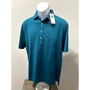 RLX Ralph Lauren Mens Polo Shirt Sz Medium Green Royal Striped Collared Wicking
